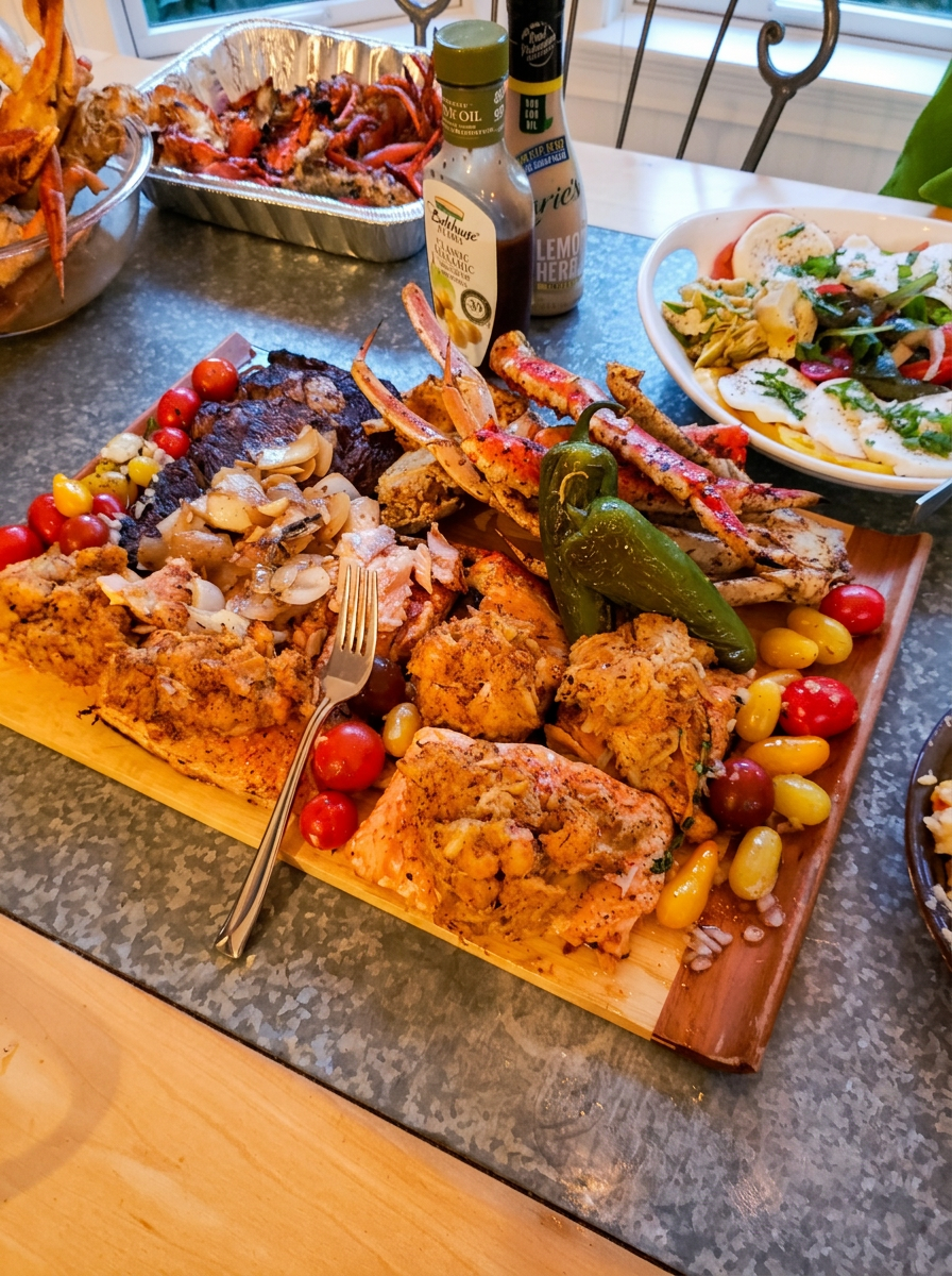 Surf and turf wooden board